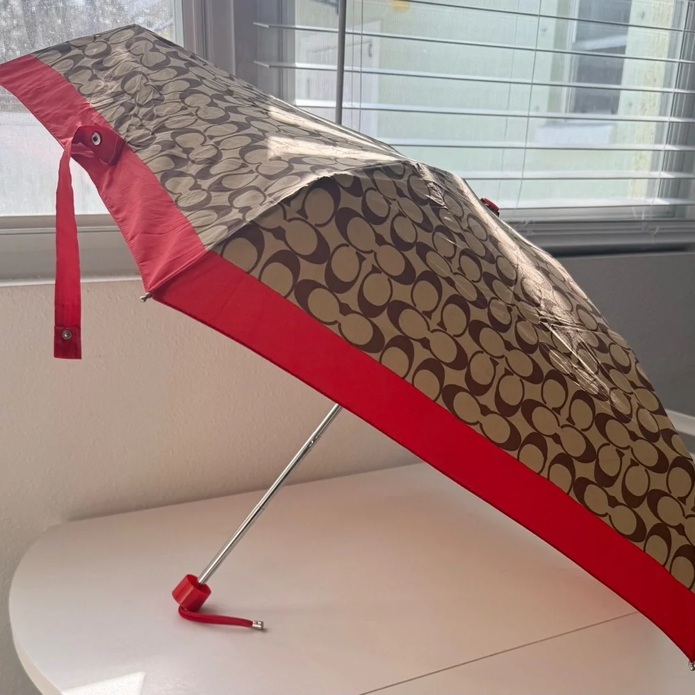 Coach Brown Signature 'C' Folding Umbrella with Red Trim - Picture 3 of 4
